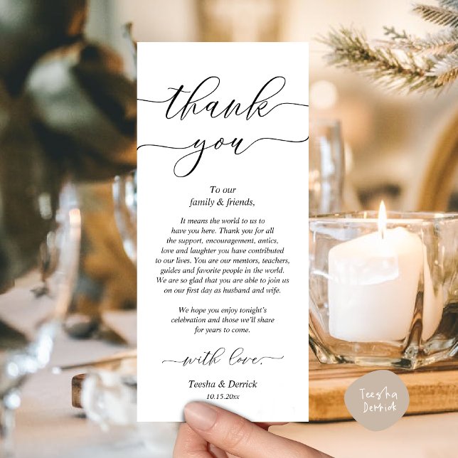 Modern Wedding Dinner Place Setting Thank You Card (Modern Romantic Wedding Place Setting Thank You Card for Dinner Brunch Lunch Party  in White Black)