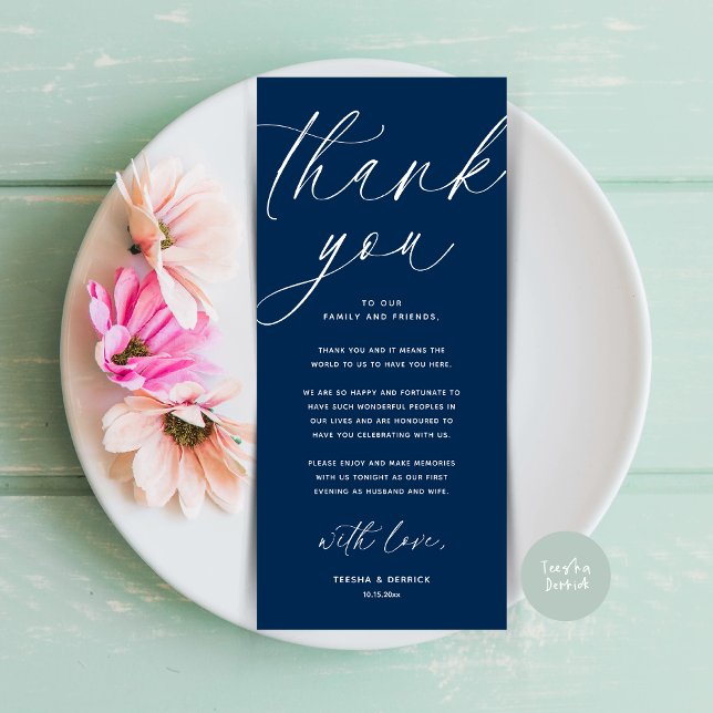 Modern Wedding Dinner Place Setting Thank You Card (Wedding Dinner Place Setting Thank You Card Modern Romantic Contemporary Navy Blue)