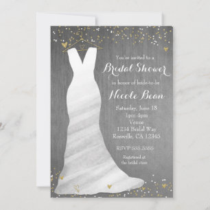 Modern Wedding Dress Confetti Hearts Bridal Shower Invitation