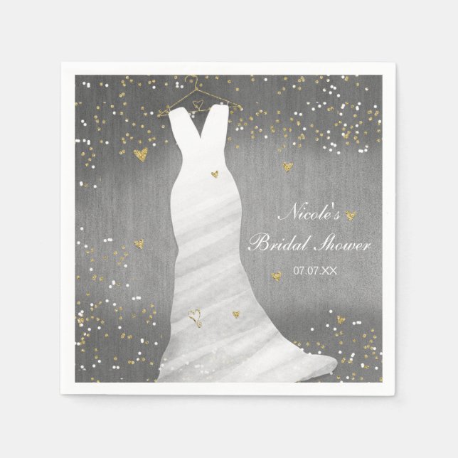 Modern Wedding Dress Confetti Hearts Bridal Shower Napkin (Front)
