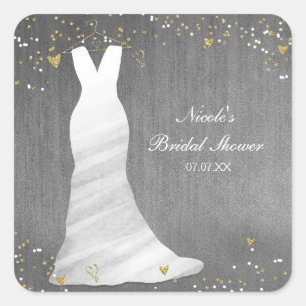 Modern Wedding Dress Confetti Hearts Bridal Shower Square Sticker