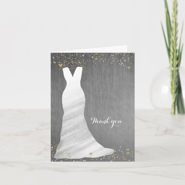 Modern Wedding Dress Confetti Hearts Bridal Shower Thank You Card (Front)