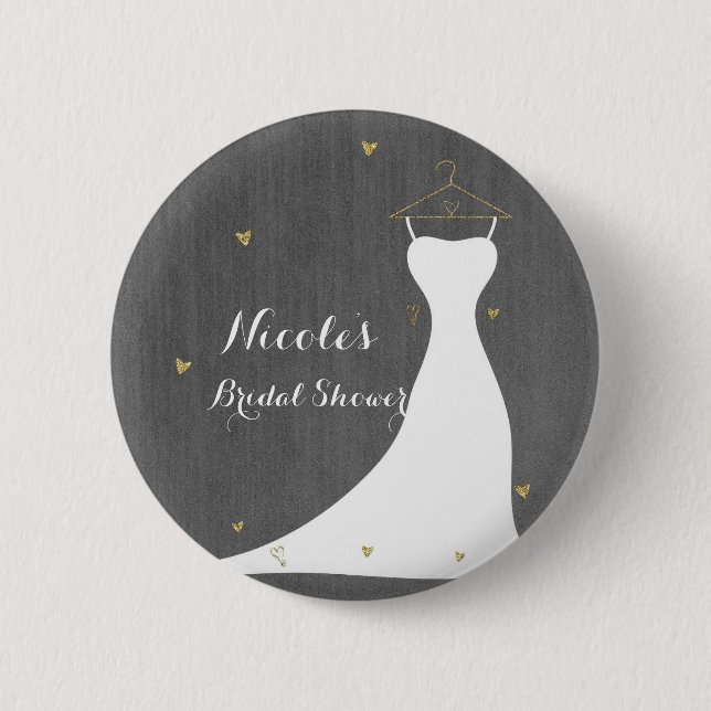 Modern Wedding Dress & Gold Hearts Bridal Shower 6 Cm Round Badge (Front)