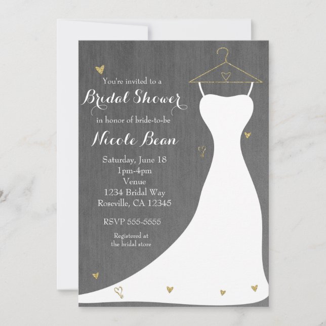 Modern Wedding Dress & Gold Hearts Bridal Shower Invitation (Front)
