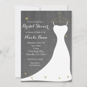 Modern Wedding Dress & Gold Hearts Bridal Shower Invitation