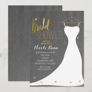 Modern Wedding Dress & Gold Hearts Bridal Shower Invitation