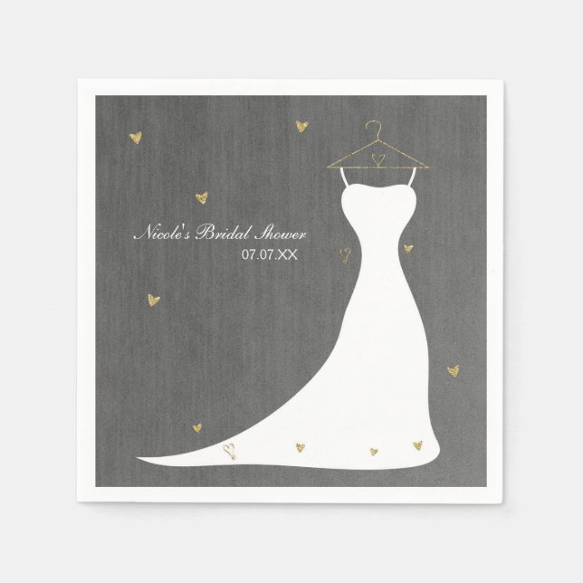Modern Wedding Dress & Gold Hearts Bridal Shower Napkin (Front)
