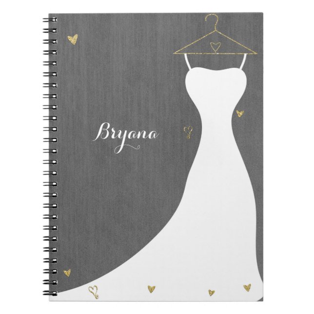 Modern Wedding Dress & Gold Hearts Bridal Shower Notebook (Front)