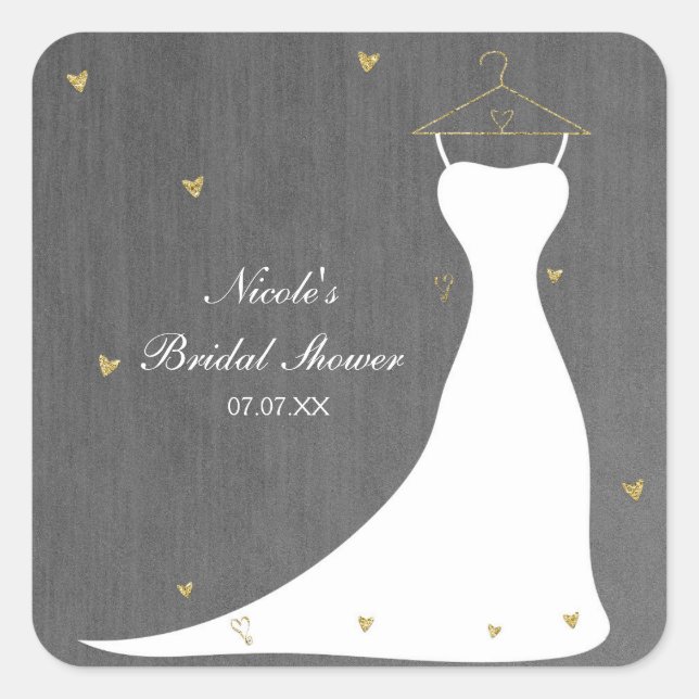Modern Wedding Dress & Gold Hearts Bridal Shower Square Sticker (Front)