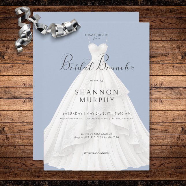 Modern Wedding Dress on Blue Bridal Brunch Invitation (Modern Wedding Dress on Blue Bridal Brunch Invitation)