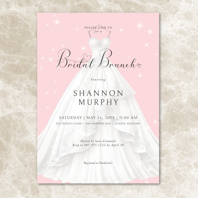 Modern Wedding Dress on Pink Sparkle Bridal Brunch Invitation (Modern Wedding Dress on Pink Sparkle Bridal Brunch Invitation)