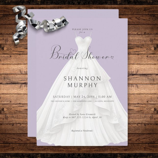 Modern Wedding Dress on Purple Bridal Shower Invitation (Modern Wedding Dress on Purple Bridal Shower Invitation)