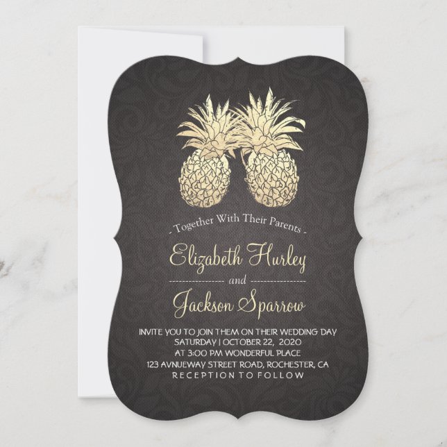 Modern Wedding Elegant Black Gold Pineapple Couple Invitation (Front)