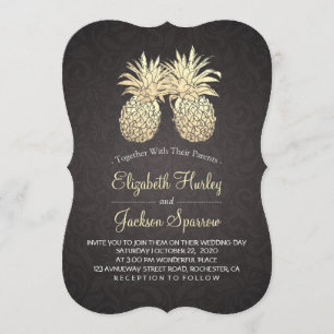 Modern Wedding Elegant Black Gold Pineapple Couple Invitation