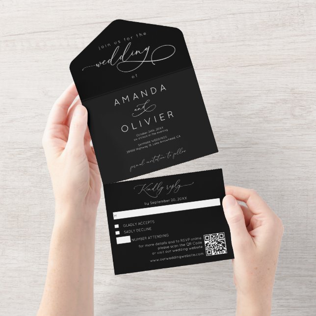 Modern Wedding Elegant Chic Calligraphy Black All In One Invitation (Tearaway)
