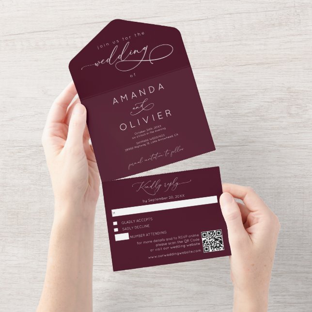 Modern Wedding Elegant Chic Calligraphy Burgundy All In One Invitation (Tearaway)