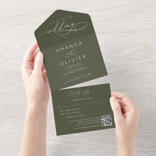 Modern Wedding Elegant Chic Calligraphy Dark Green All In One Invitation (Tearaway)