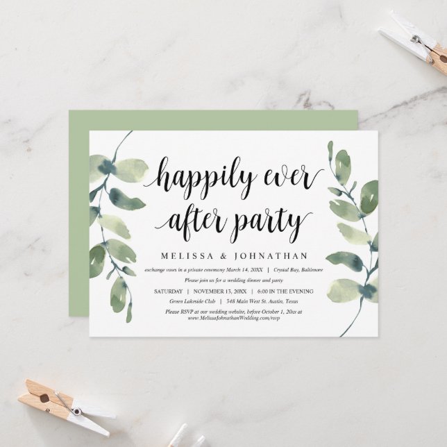 Modern Wedding Elopement, Greenery Eucalyptus Invitation (Front/Back In Situ)
