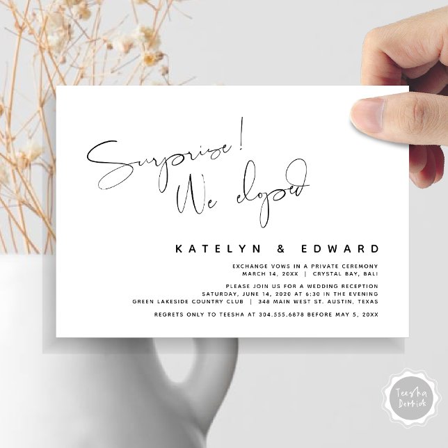 Modern Wedding Elopement, Surprise, we eloped Invitation (Modern Wedding Elopement, Surprise, we eloped, dinner Invitation Card, PDF, in Black and White)