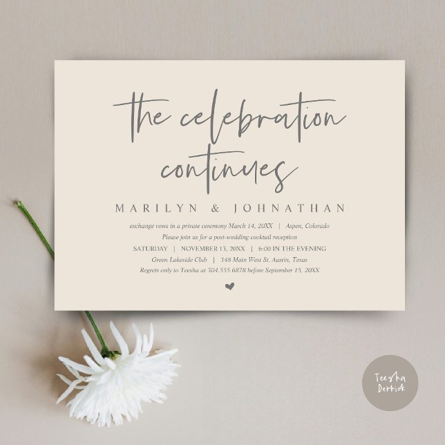 Modern Wedding Elopement the celebration continues Invitation (Wedding Elopement, Modern celebration continues Invitation Card, PDF, in Dark Grey and Cream)