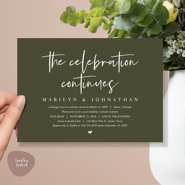 Modern Wedding Elopement the celebration continues Invitation (Wedding Elopement, Modern celebration continues Invitation Card, PDF, in Olive Green)