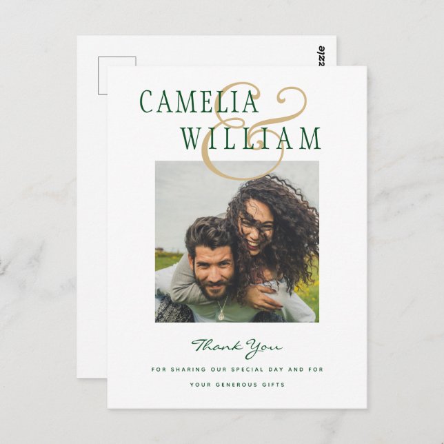 Modern Wedding Emerald Green Gold THANK YOU PHOTO Postcard (Front/Back)