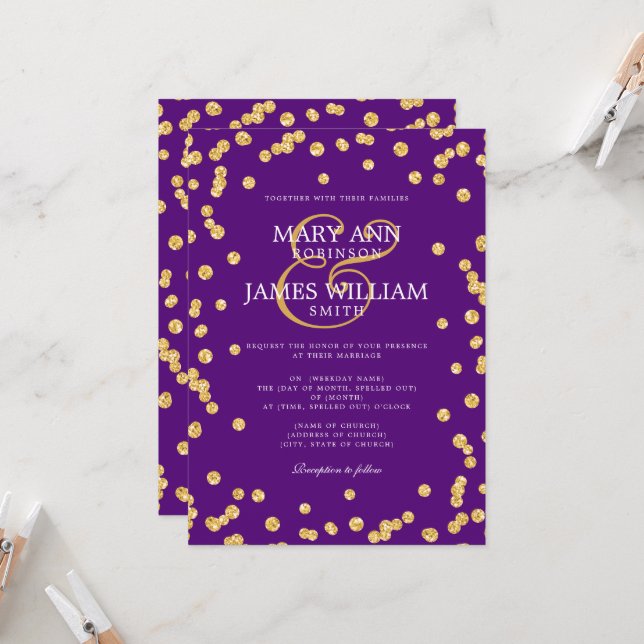Modern Wedding Gold Glitter Confetti Purple  Invitation (Front/Back In Situ)