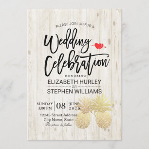 Modern Wedding Golden Pineapple Couple Rustic Wood Invitation