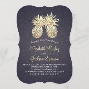 Modern Wedding Golden Pineapples Couple Navy Blue Invitation