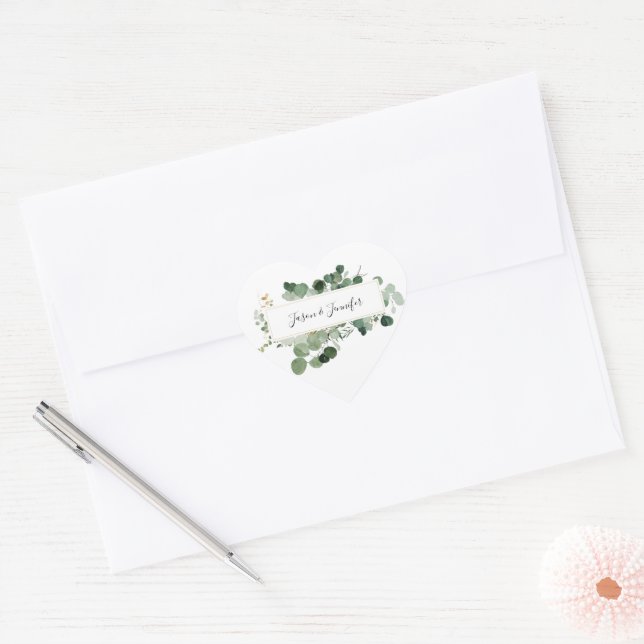 Modern Wedding Greenery Couple Names Elegant Heart Heart Sticker (Envelope)