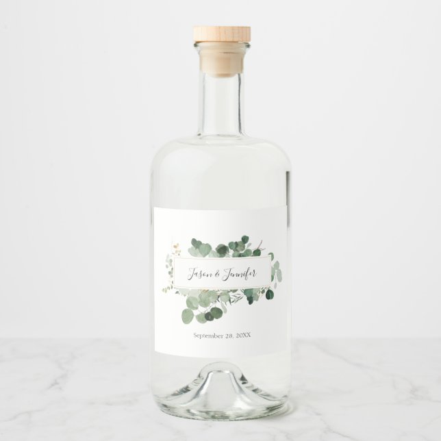 Modern Wedding Greenery Custom Couple Names  Liquor Bottle Label (Front)