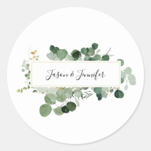 Modern Wedding Greenery Custom Couple Names White Classic Round Sticker