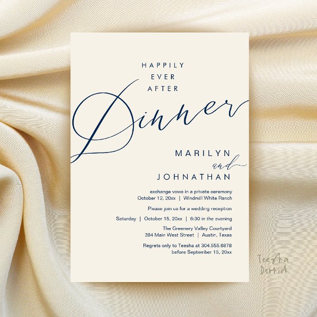 Modern Wedding Happily Ever After Reception Dinner Invitation (Modern Wedding Happily Ever After Reception Dinner Invitation Card in Navy blue and  ivory)
