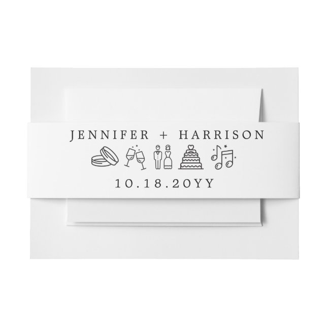 Modern Wedding Icons Cute Black White Invitation Belly Band (Front Example)