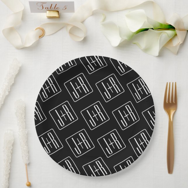 Modern Wedding Initials Pattern | Black & White Paper Plate (Wedding)