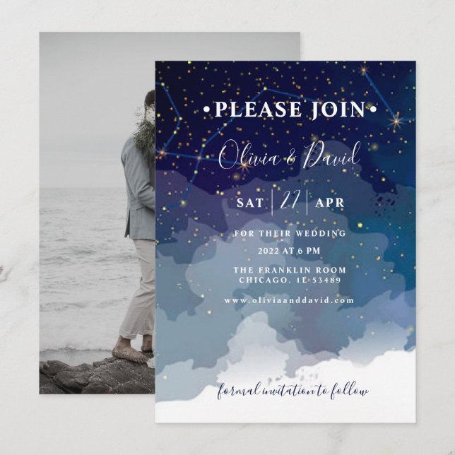  Modern Wedding Invitation Blue Sky and White Star (Front/Back)