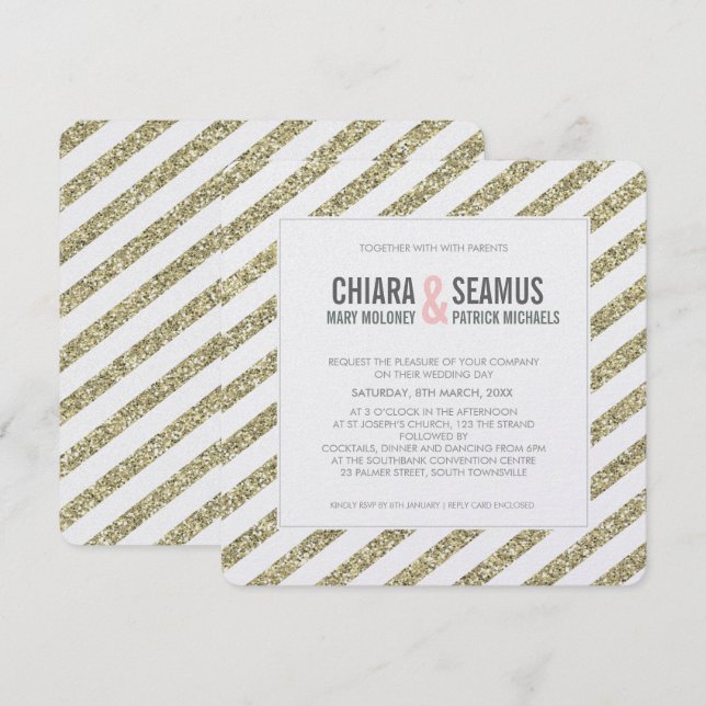MODERN WEDDING INVITATION glitter stripe soft gold (Front/Back)