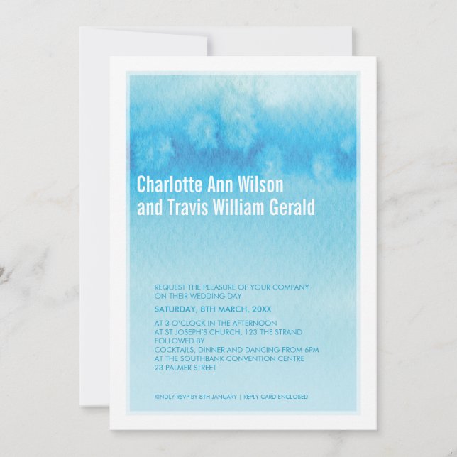 MODERN WEDDING INVITATION : ombre watercolor blue (Front)
