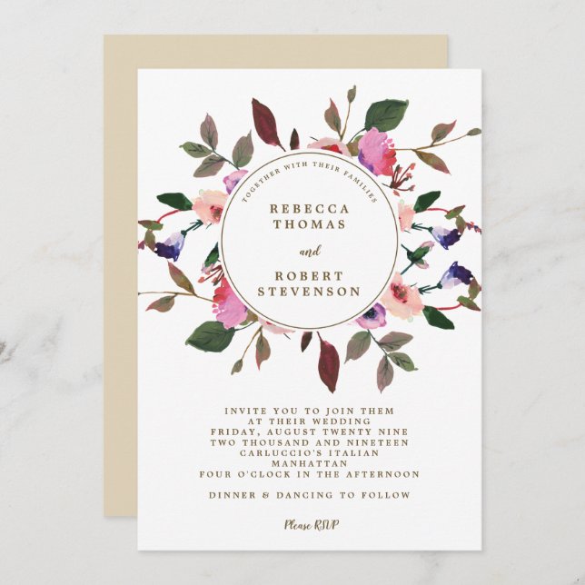 modern wedding invitation pink purple florals (Front/Back)