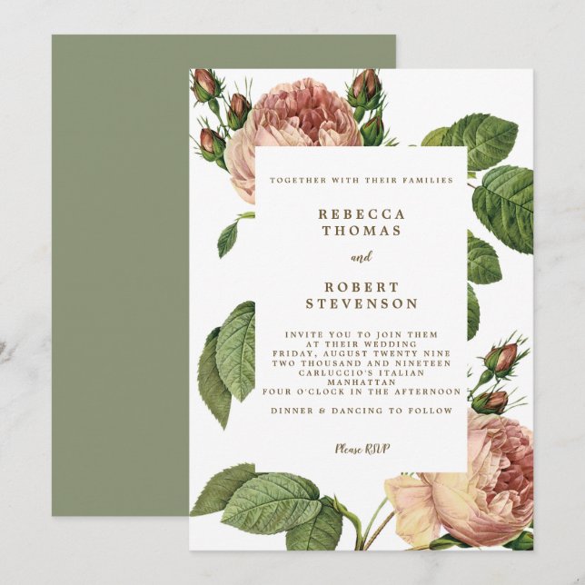 modern wedding invitation pink rose florals (Front/Back)