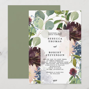 modern wedding invitation purple blue green floral
