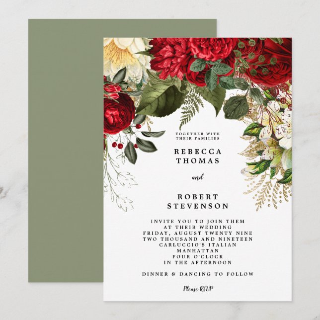 modern wedding invitation red floral winter (Front/Back)