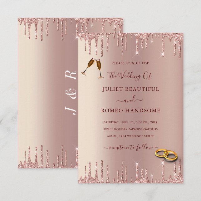 Modern Wedding Invitation Rose Blush Glitter Drips (Front/Back)