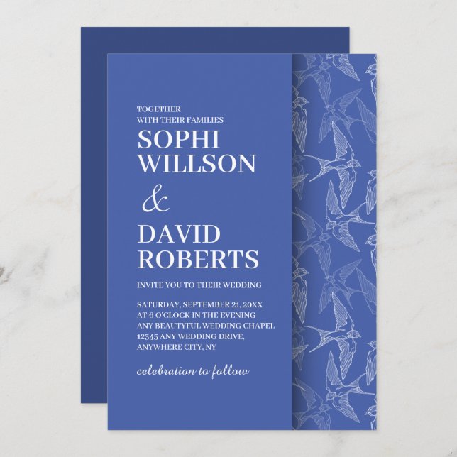 Modern Wedding Invitation with swallows pattern (Front/Back)