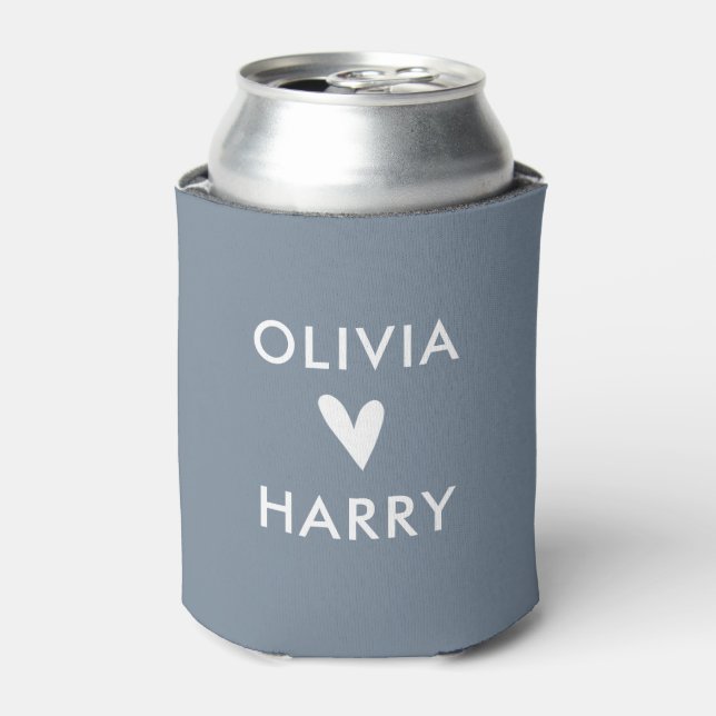 Modern Wedding Love Heart Can Cooler | Dusty Blue (Can Front)