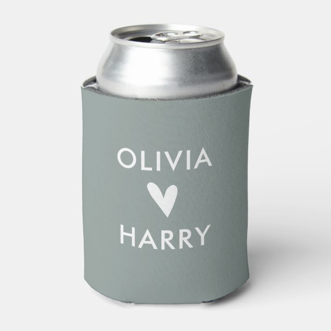 Modern Wedding Love Heart Can Cooler | Sage Green (Can Front)