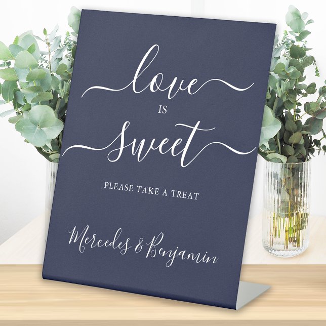 Modern Wedding Love Sweet Personalized Navy Blue Pedestal Sign (Creator Uploaded)
