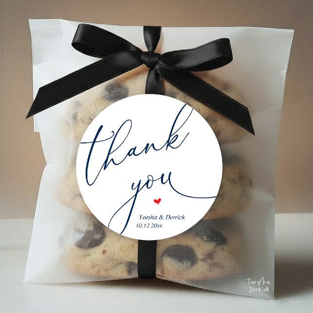 Modern Wedding Minimal Thank You Cute Heart Gifts Classic Round Sticker (Modern Wedding Minimal Thank You Cute Cute Little Heart Gifts Classic Round Sticker in Navy Blue)