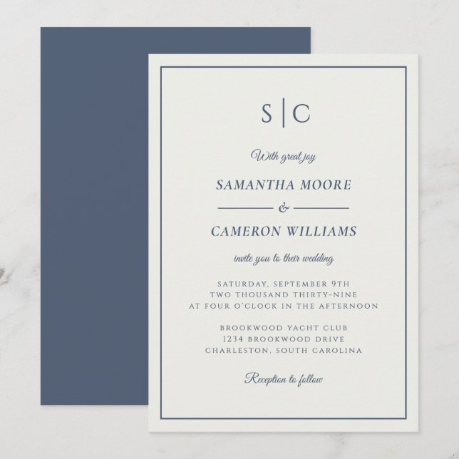 Modern Wedding Minimalist Monogram Blue Cream Invitation (Front/Back)
