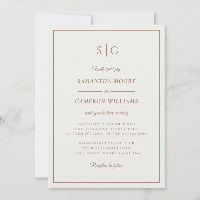 Modern Wedding Minimalist Monogram Brown Cream Invitation (Front)